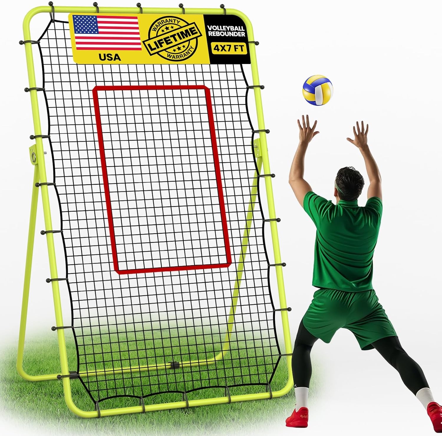 7x4 FT Volleyball Rebounder Net, 5-Angle Adjustable with Steel Frame & High-Tension PE Netting, for Lacrosse, Baseball, Soccer Practice Perfect for Setting, Spiking, and Bumping